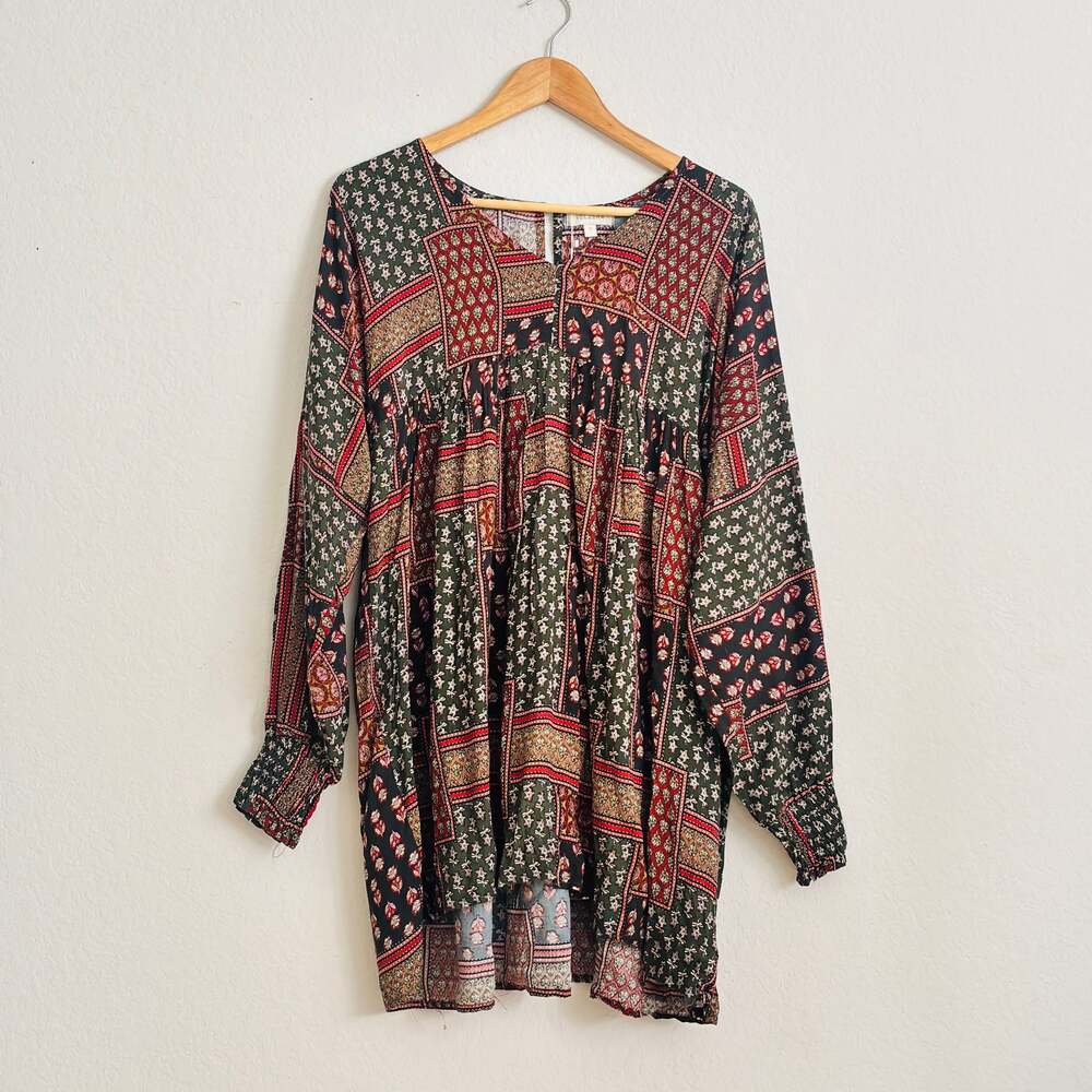 Velzera Red Patch Print Babydoll Tunic Mini Dress